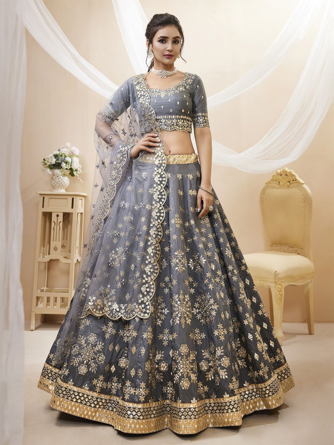 

ODETTE Embroidered Mirror Work Semi-Stitched Lehenga & Unstitched Blouse With Dupatta, Grey