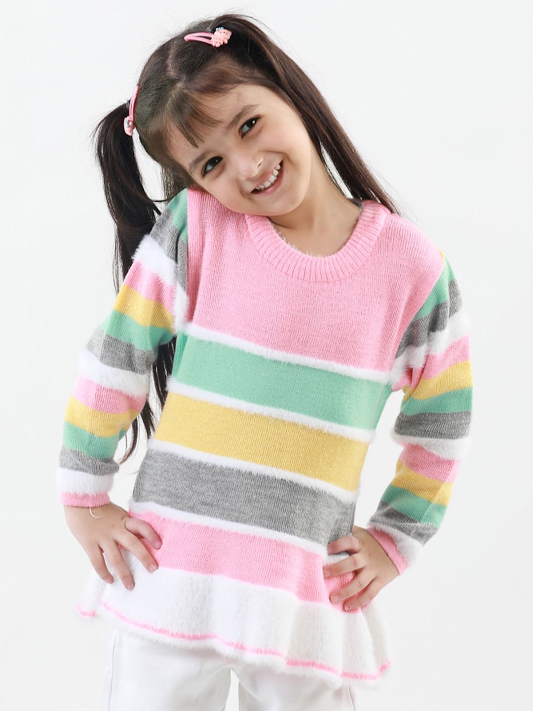 

KNITCO Girls Striped Round Neck Pullover, Pink