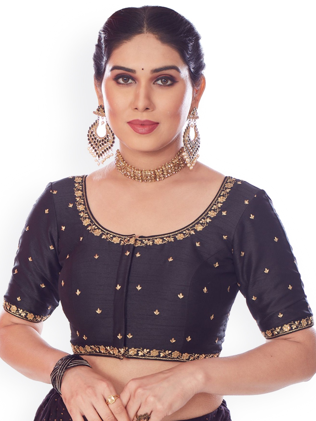 

Mmore Embroidered Padded Saree Blouse, Black
