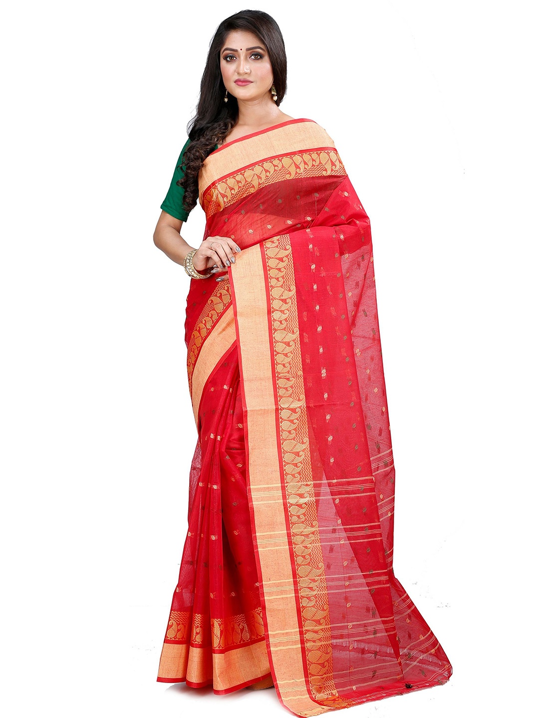 

DipDiya Woven Design Zari Pure Cotton Taant Saree, Red