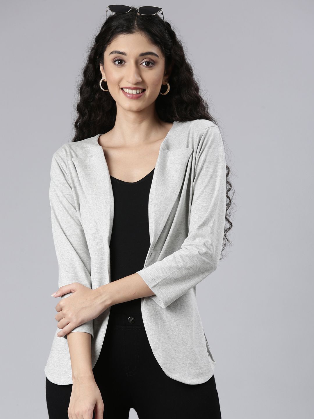 

TWIN BIRDS Lapel Collar Pure Cotton Asymmetrical Hem Shrug, Grey