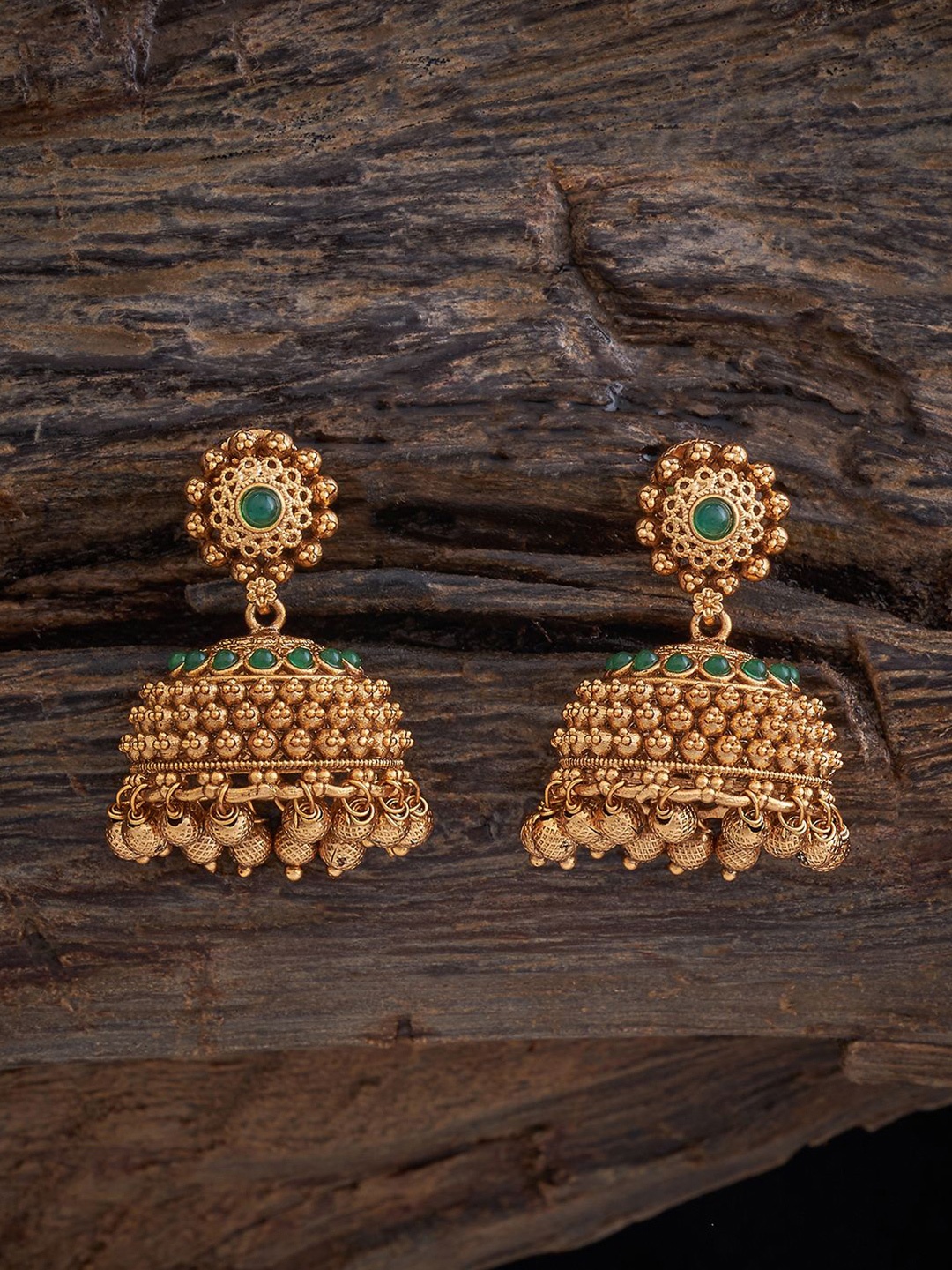 

Kushal's Fashion Jewellery Gold-Plated Dome Shaped Stone Studded Antique Jhumkas