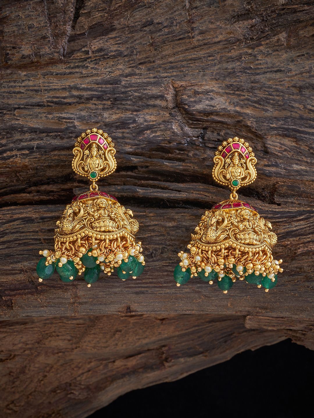 

Kushal's Fashion Jewellery 92.5 Pure Silver Gold-Plated Stones Studded Dome Shaped Jhumkas