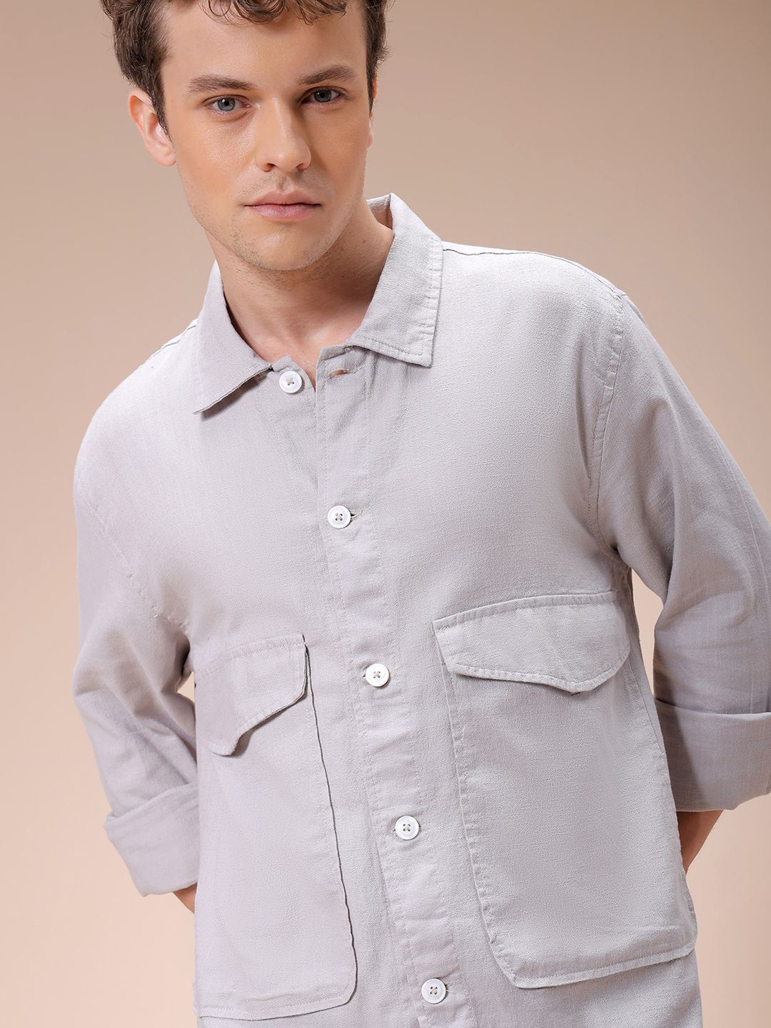 

The Indian Garage Co Men Regular Fit Solid Double Flap Pocket Resortwear Overshirt, Grey