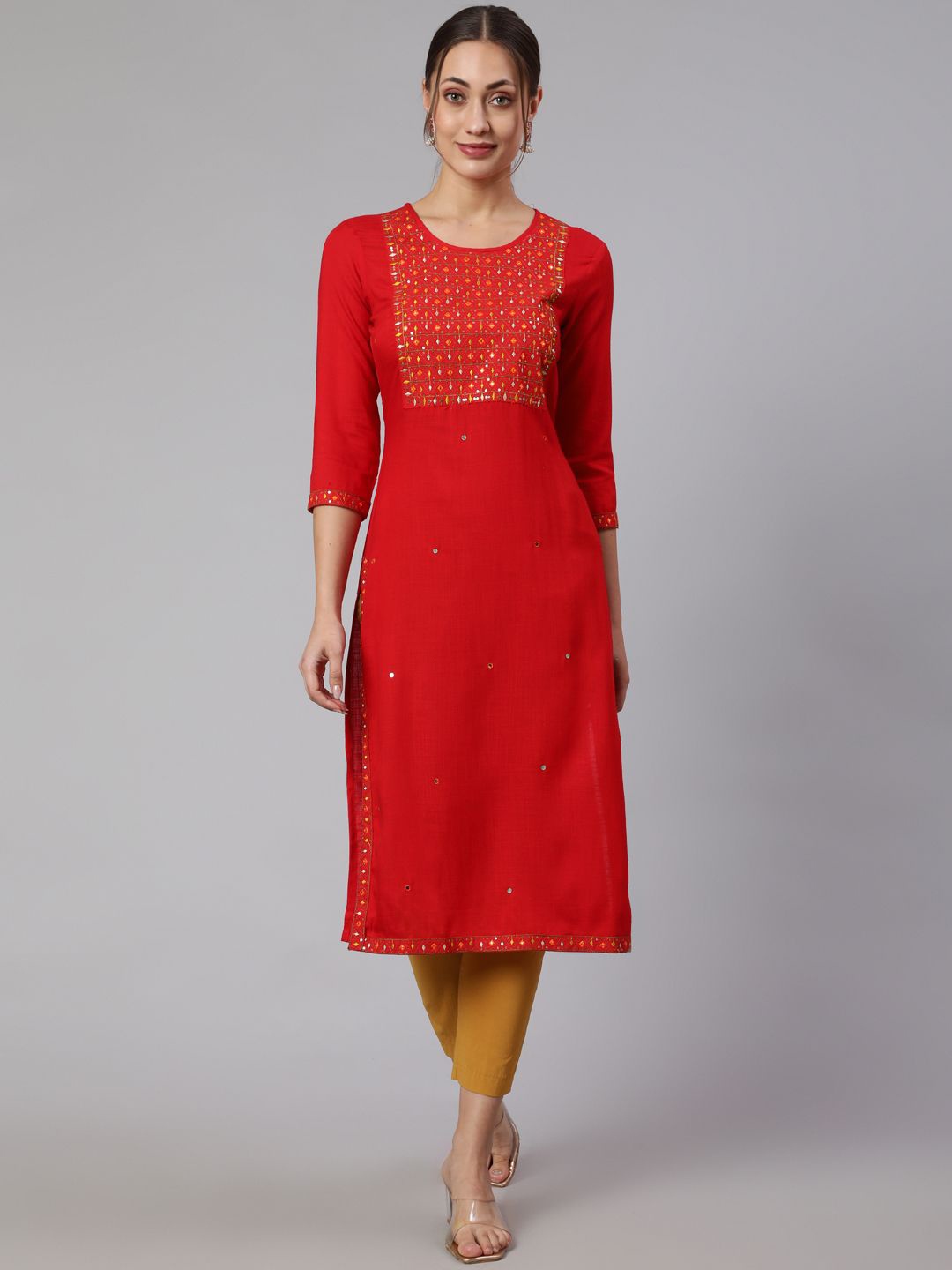

STYLE ANGEL Floral Yoke Design Thread Work Straight Kurta, Red