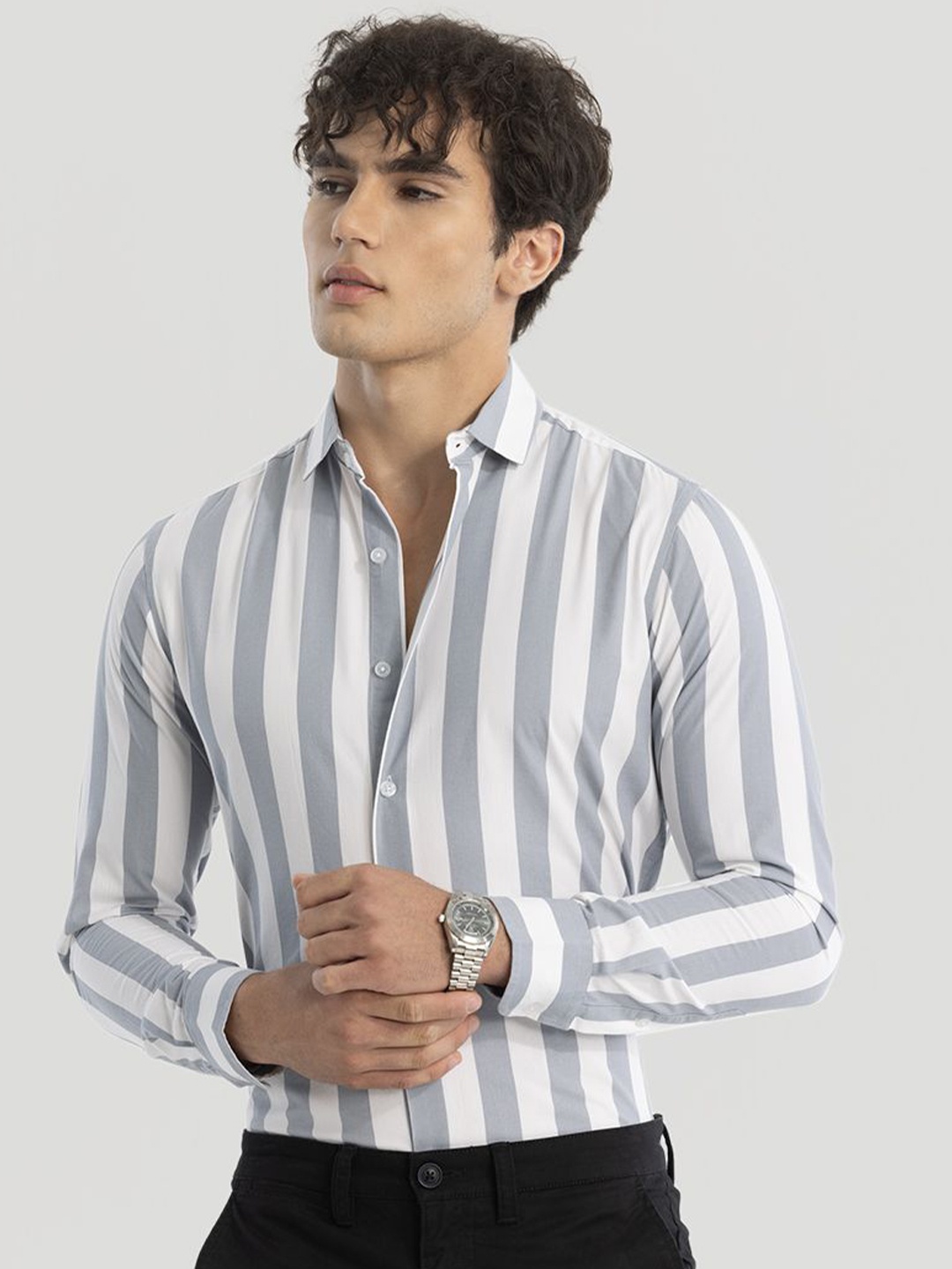 

Snitch Men Smart Slim Fit Opaque Striped Casual Shirt, White