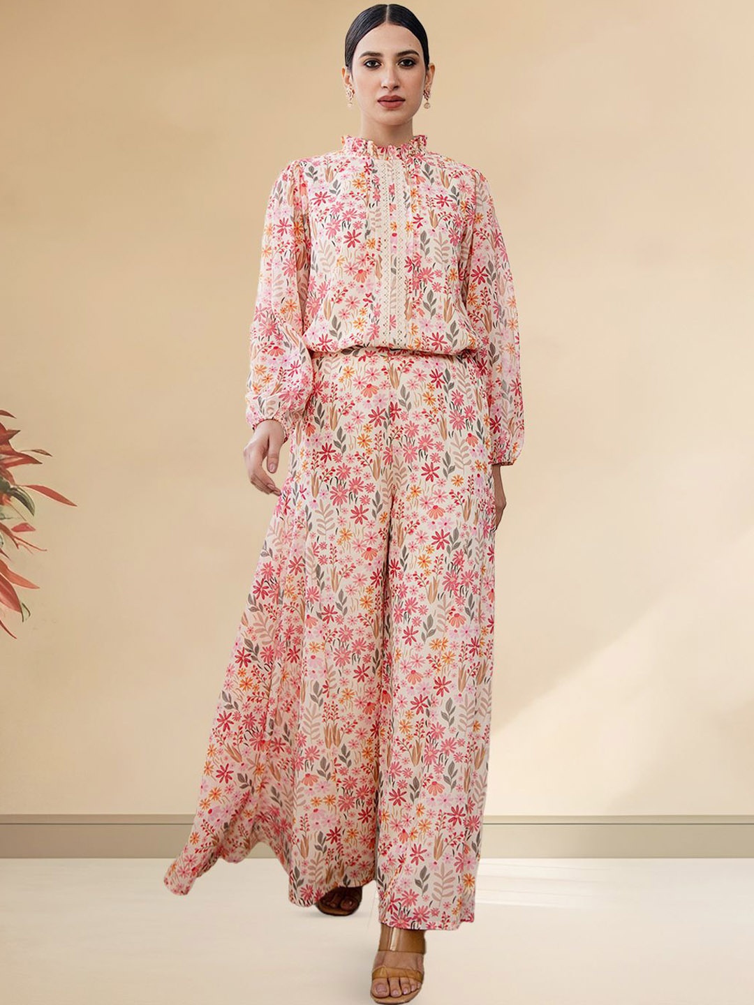

CUSTARD Printed Top & Palazzo Co-Ords, Beige