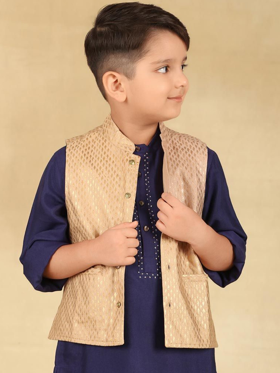 

Fabindia Boys Woven Design Nehru Jacket, Beige