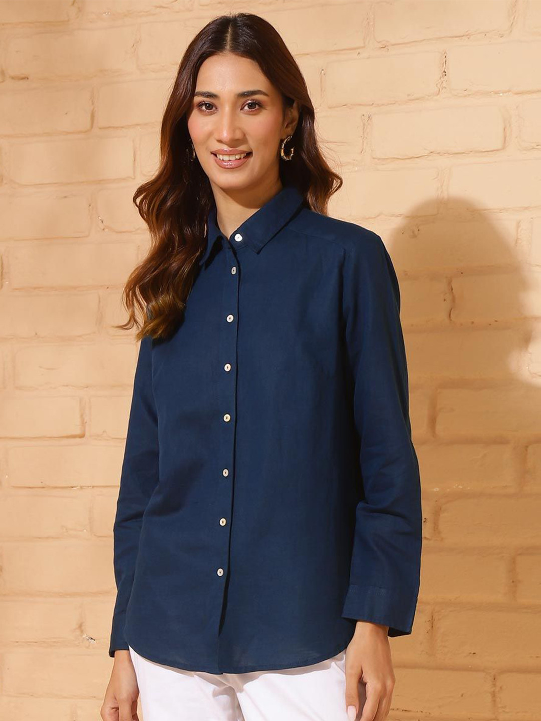 

Fabindia Women Spread Collar Solid Cotton Linen Casual Shirt, Navy blue