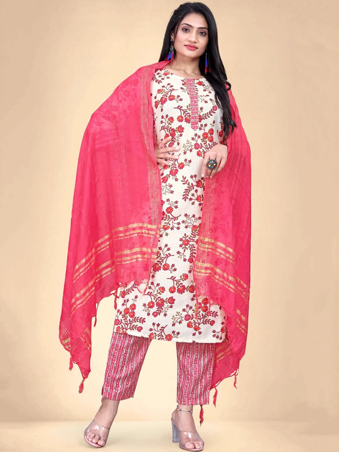 

Abhilasha Women Floral Printed Regular Kurta with Trousers & With Dupatta, Pink