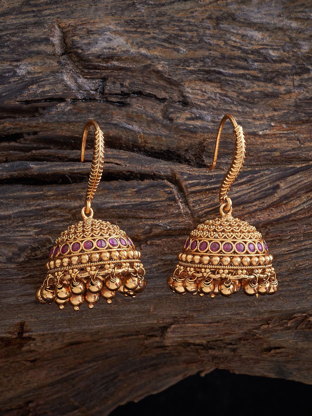 

Kushal's Fashion Jewellery Gold-Plated Dome Shaped Stone Studded Antique Jhumkas