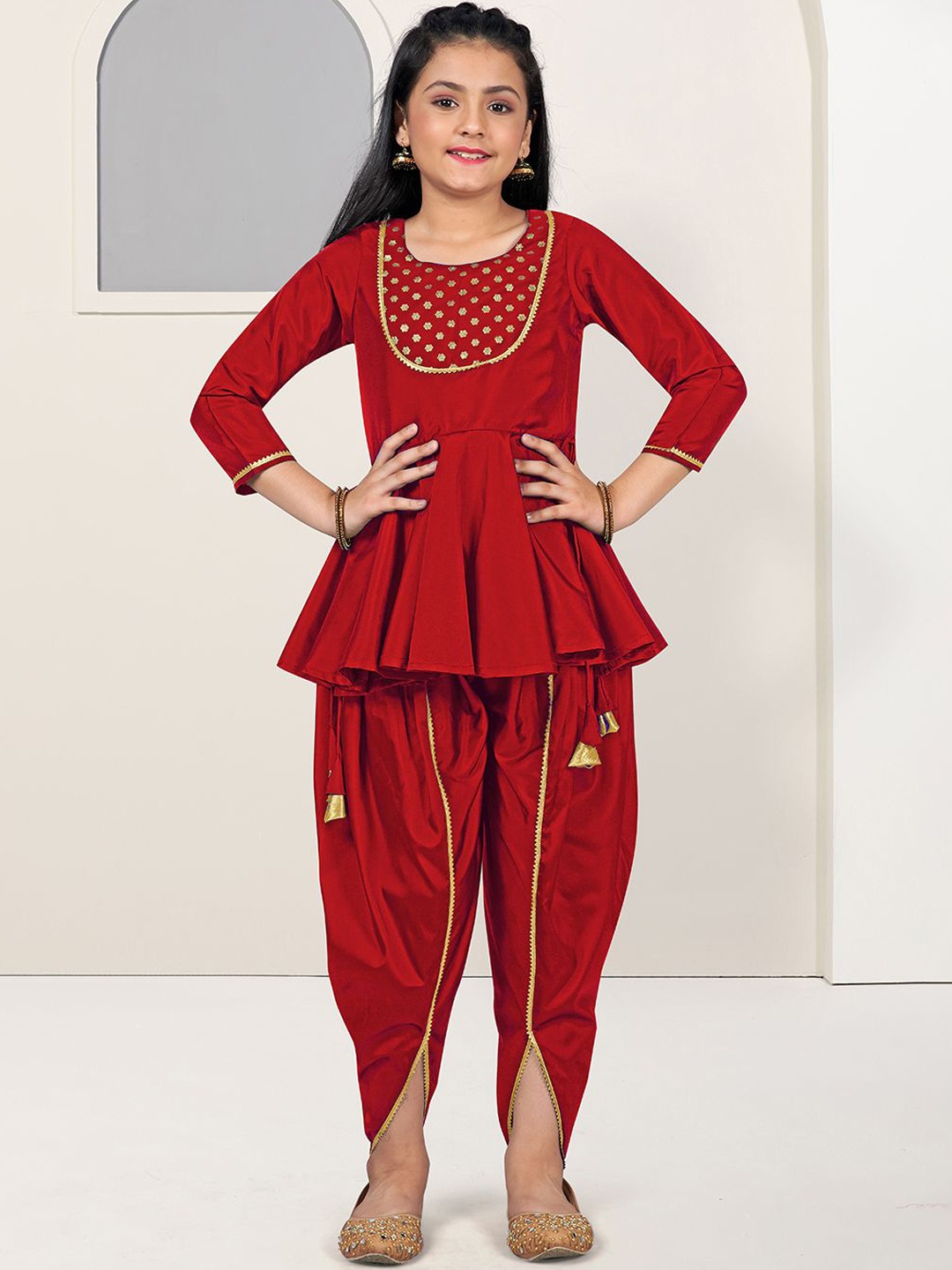 

FASHION DREAM Girls Printed Gotta Patti Regular A-Line Kurti with Dhoti Pants, Red