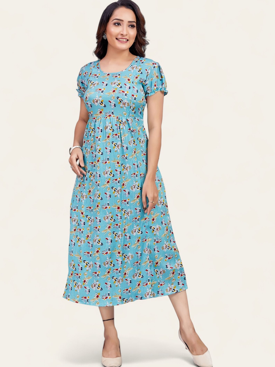 

RITIJYA Floral Print Maternity Fit & Flare Women Maxi Dress, Blue