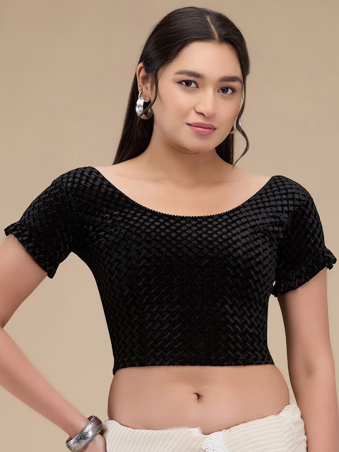

Mmore Self Design Readymade Non Padded Saree Blouse, Black