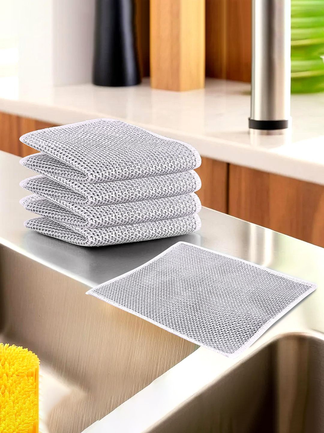

Kuber Industries Silver Toned 5 Pcs Double Layered Non Scratch Wire Dish Clothes