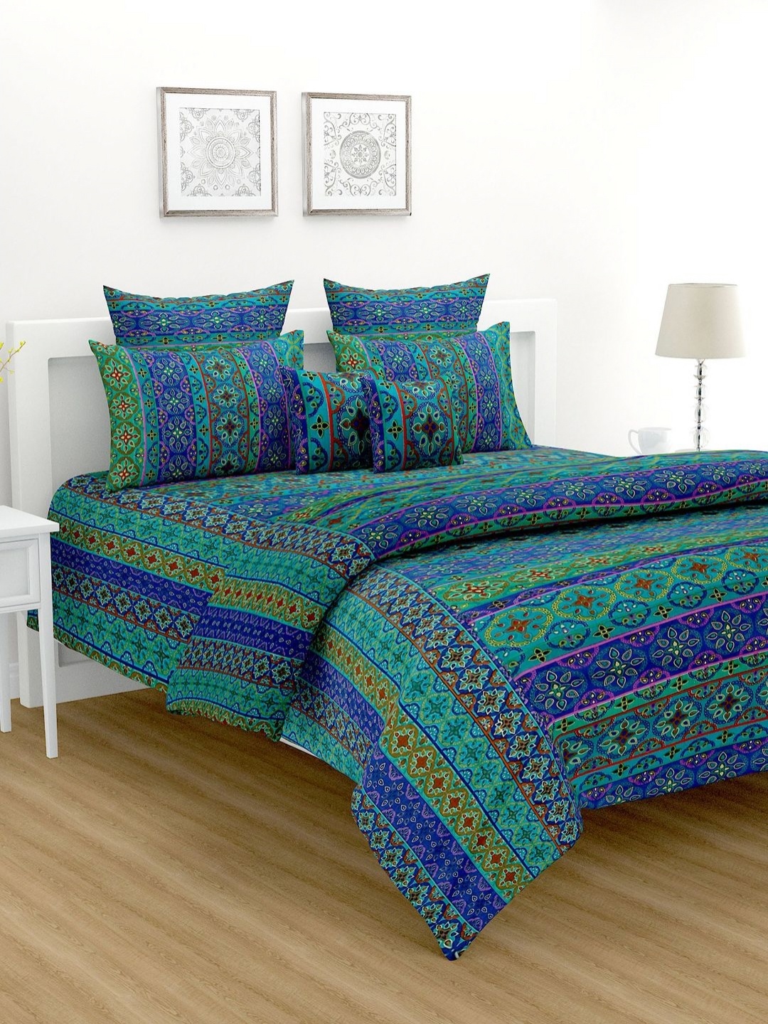 

SWAYAM Green & Blue Ethnic Motifs 250 TC King Bedsheet with 2 Pillow Covers