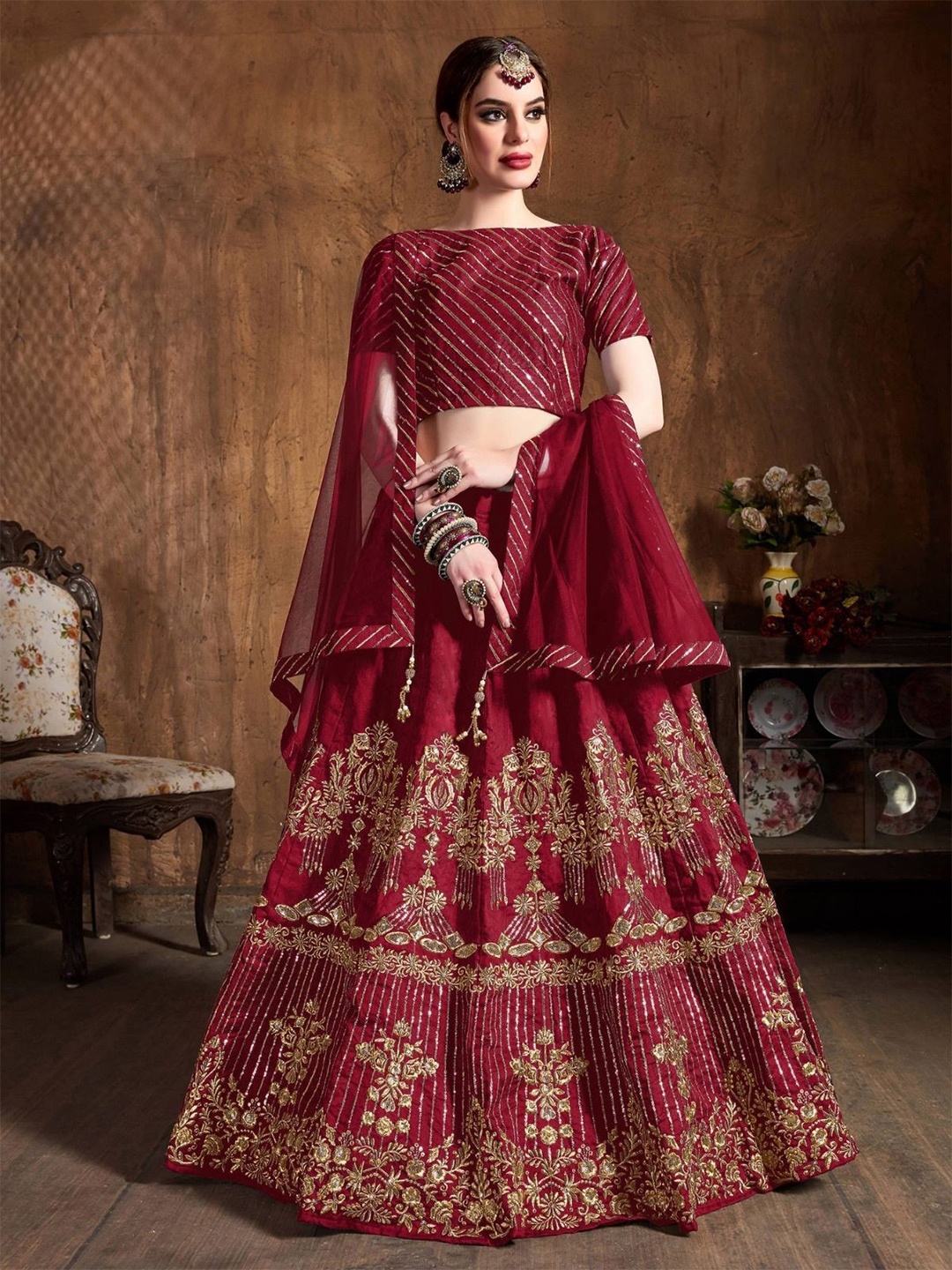 

ODETTE Embroidered Thread Work Semi-Stitched Lehenga & Blouse With Dupatta, Maroon