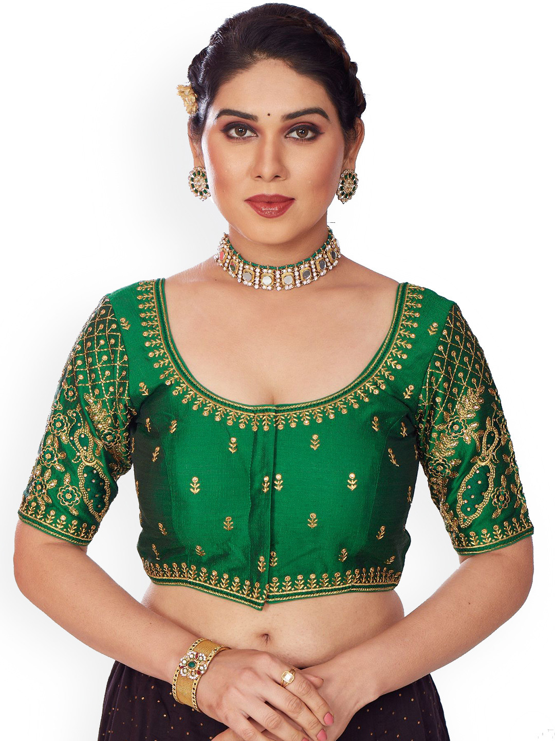

Mmore Embroidered Round Neck Saree Blouse, Green