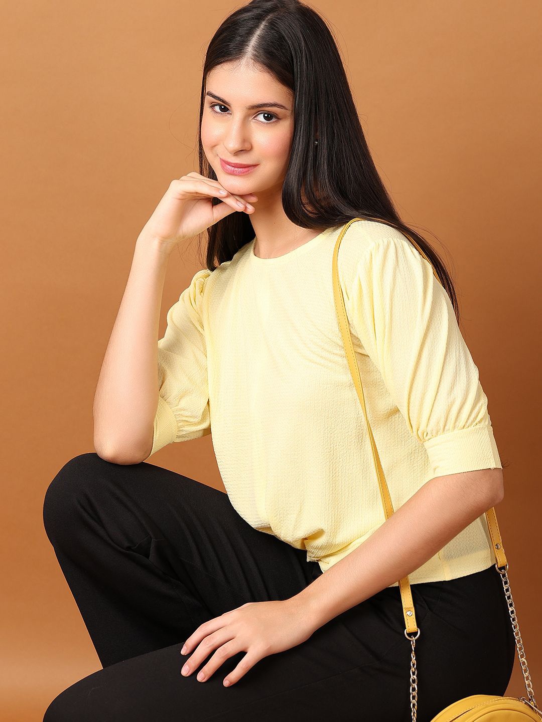 

UNLIMITED Women Solid Round Neck Top, Yellow