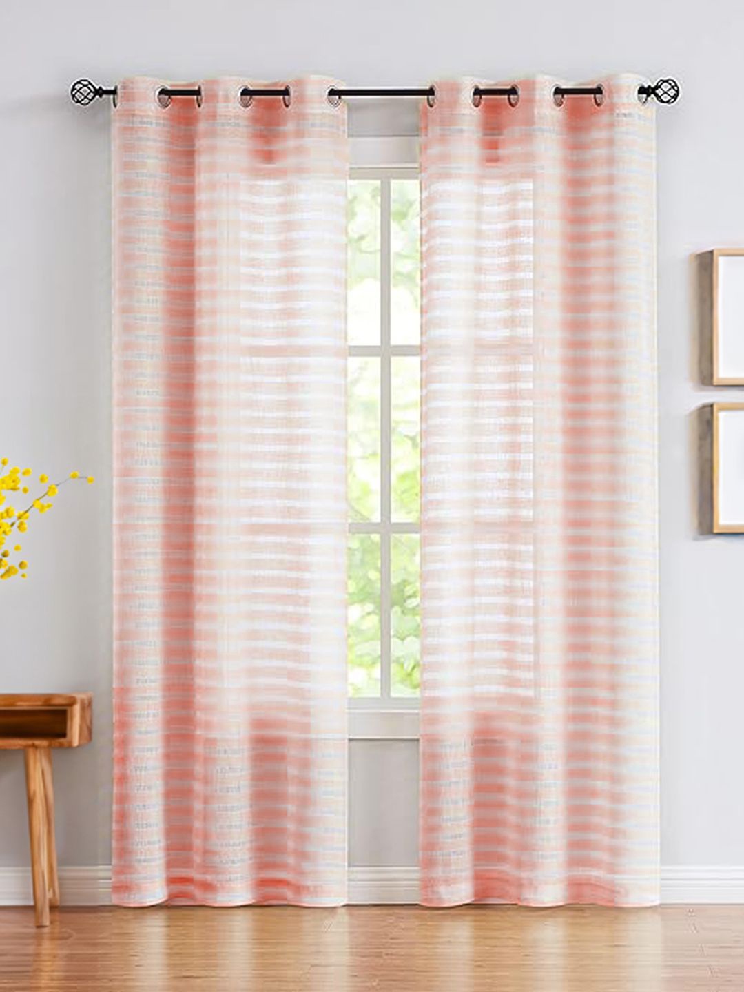 

URBAN SPACE Peach-Coloured & White 2 Pieces Striped Sheer Window Curtain