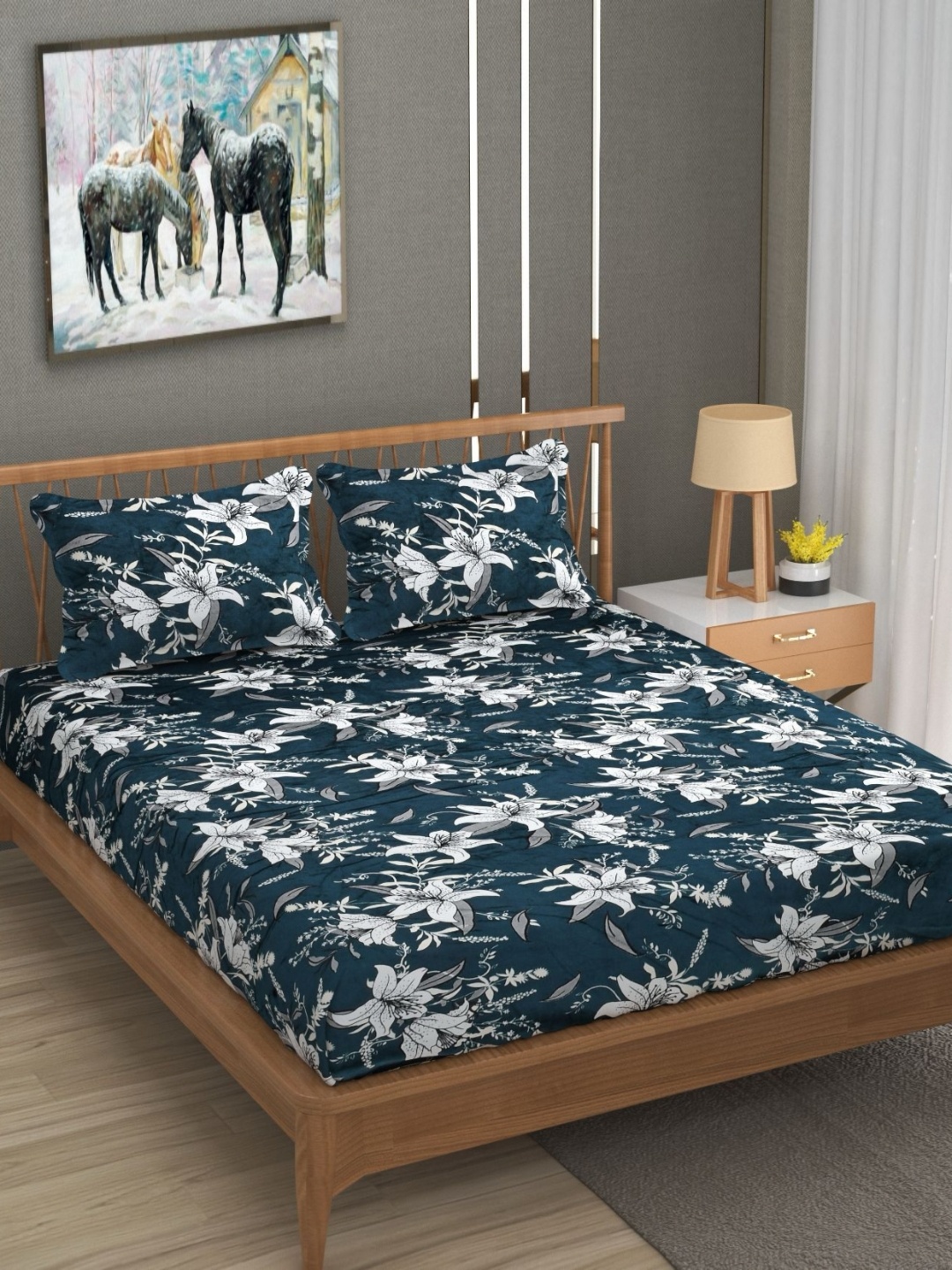 

RIDHAAN Teal Blue & White Printed Bedsheets with 2 Pillow Covers