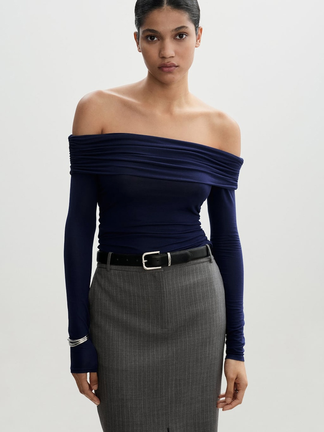 

MANGO Off-Shoulder Bardot Top, Blue