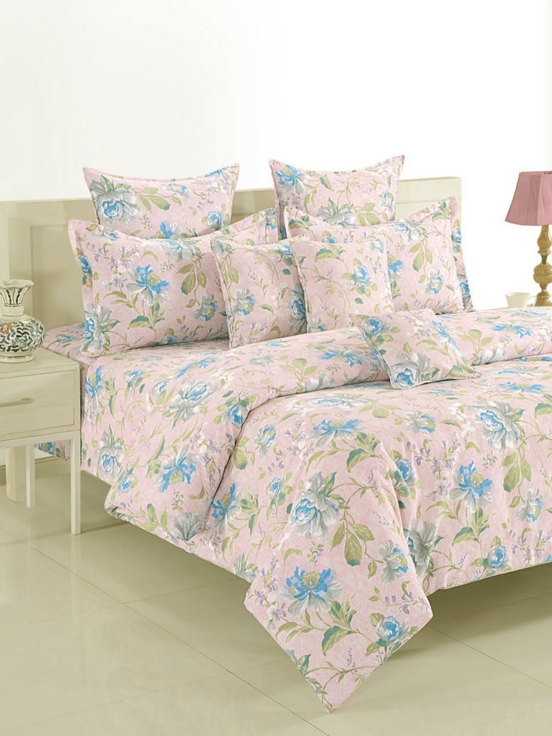 

SWAYAM Pink & Green Floral 140 TC King Bedsheet with 2 Pillow Covers