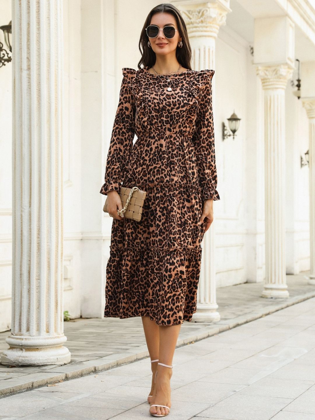 

KPOP Women Animal Printed Bell Sleeve Fit and Flare Midi Dress, Brown