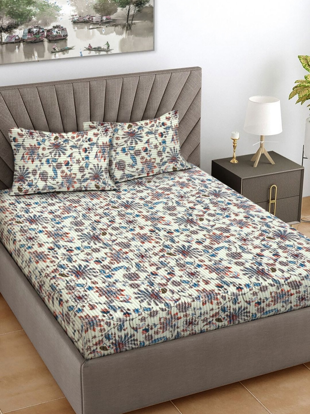 

FABINALIV Off White & Blue Floral 300 TC King Bedsheet with 2 Pillow Covers
