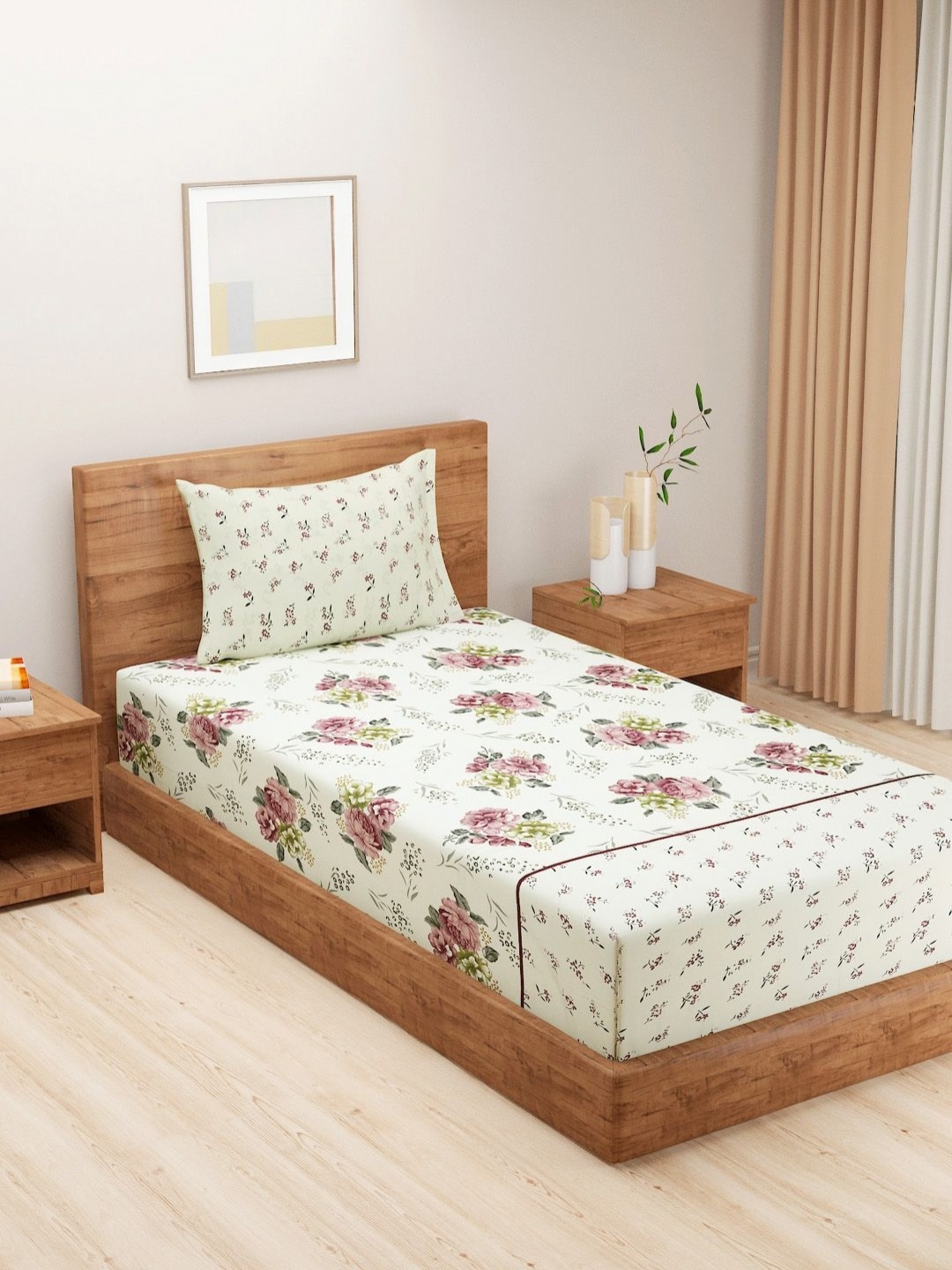 

SWAYAM White & Green Floral 250 TC Queen Bedsheet with 1 Pillow Covers