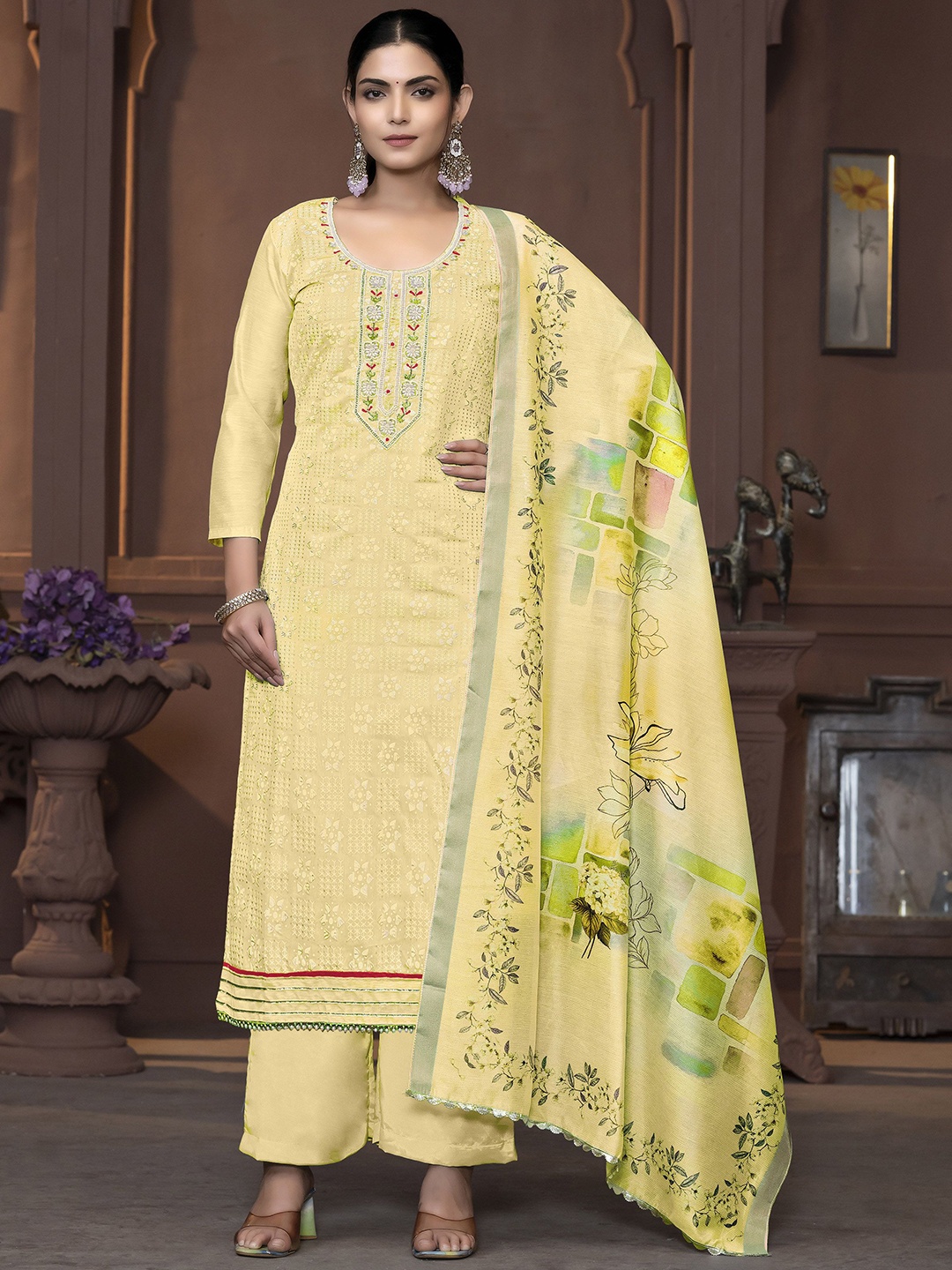 

MANVAA Ethnic Motifs Printed Beads & Stones Unstitched Dress Material, Yellow
