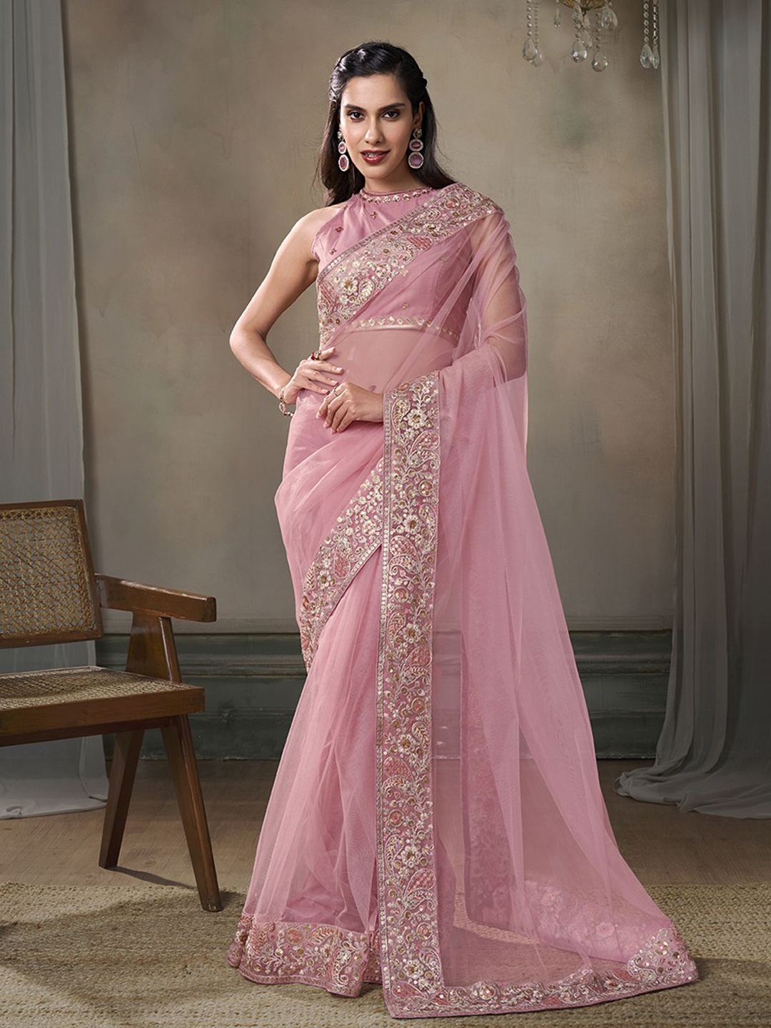 

Inddus Paisley Sequinned Net Ready to Wear Saree, Pink