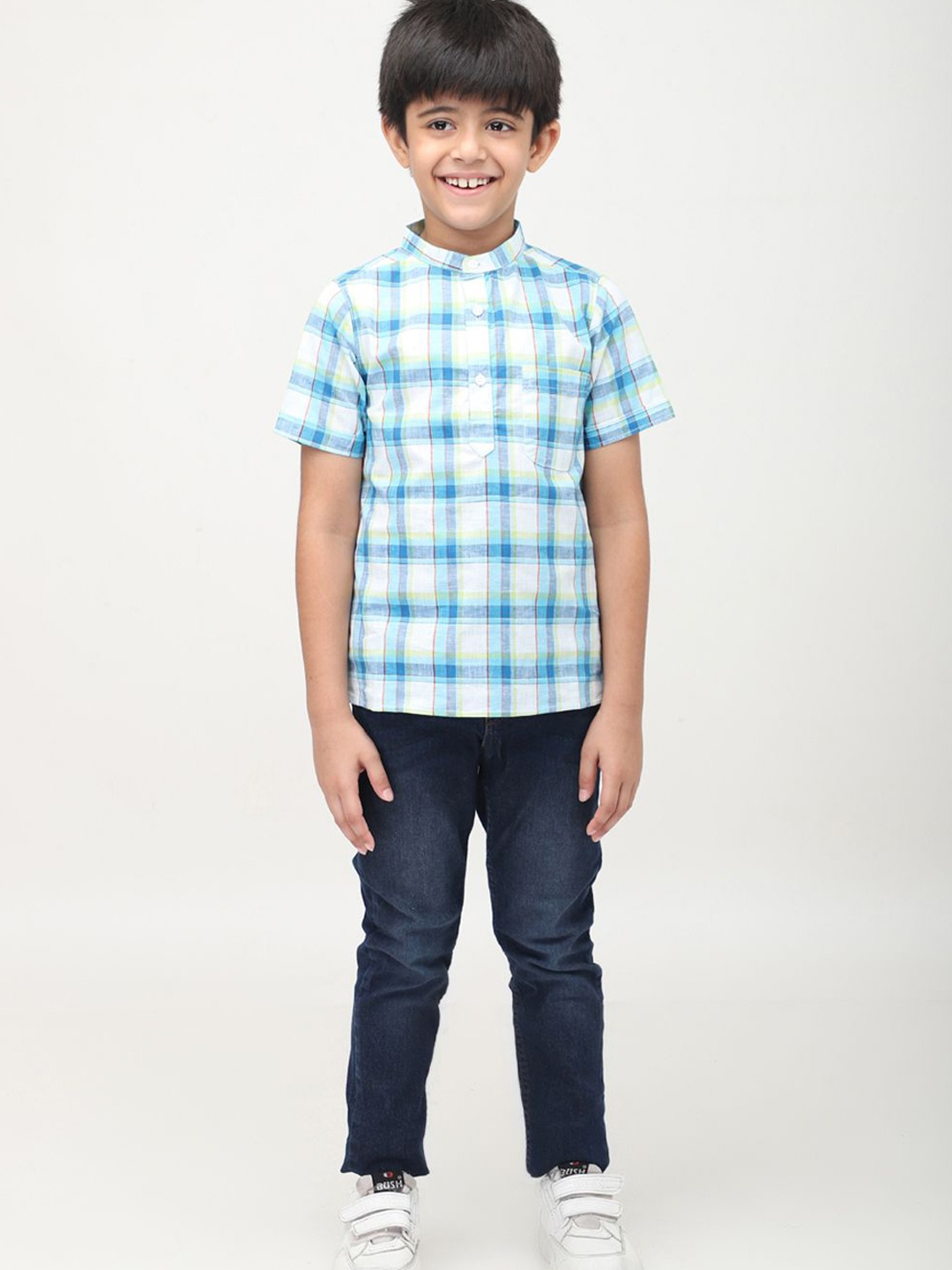 

Biglilpeople Boys Standard Mandarin Collar Checked Cotton Casual Shirt, Blue