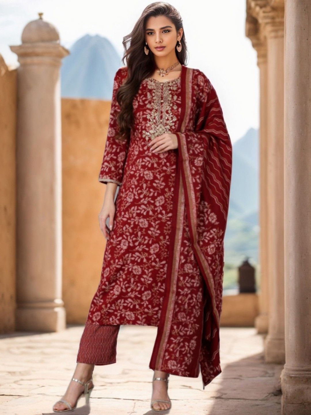 

KALINI Women Floral Embroidered Regular Kurta with Trousers & With Dupatta, Maroon