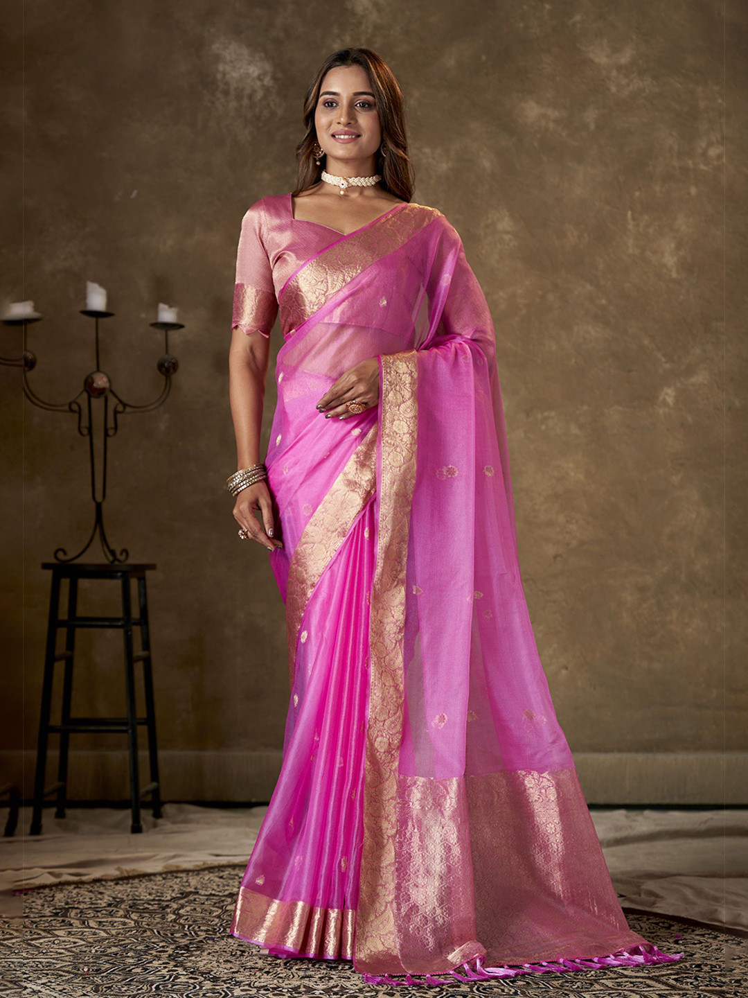 

KAYOMMI Ethnic Motifs Zari Banarasi Saree, Pink