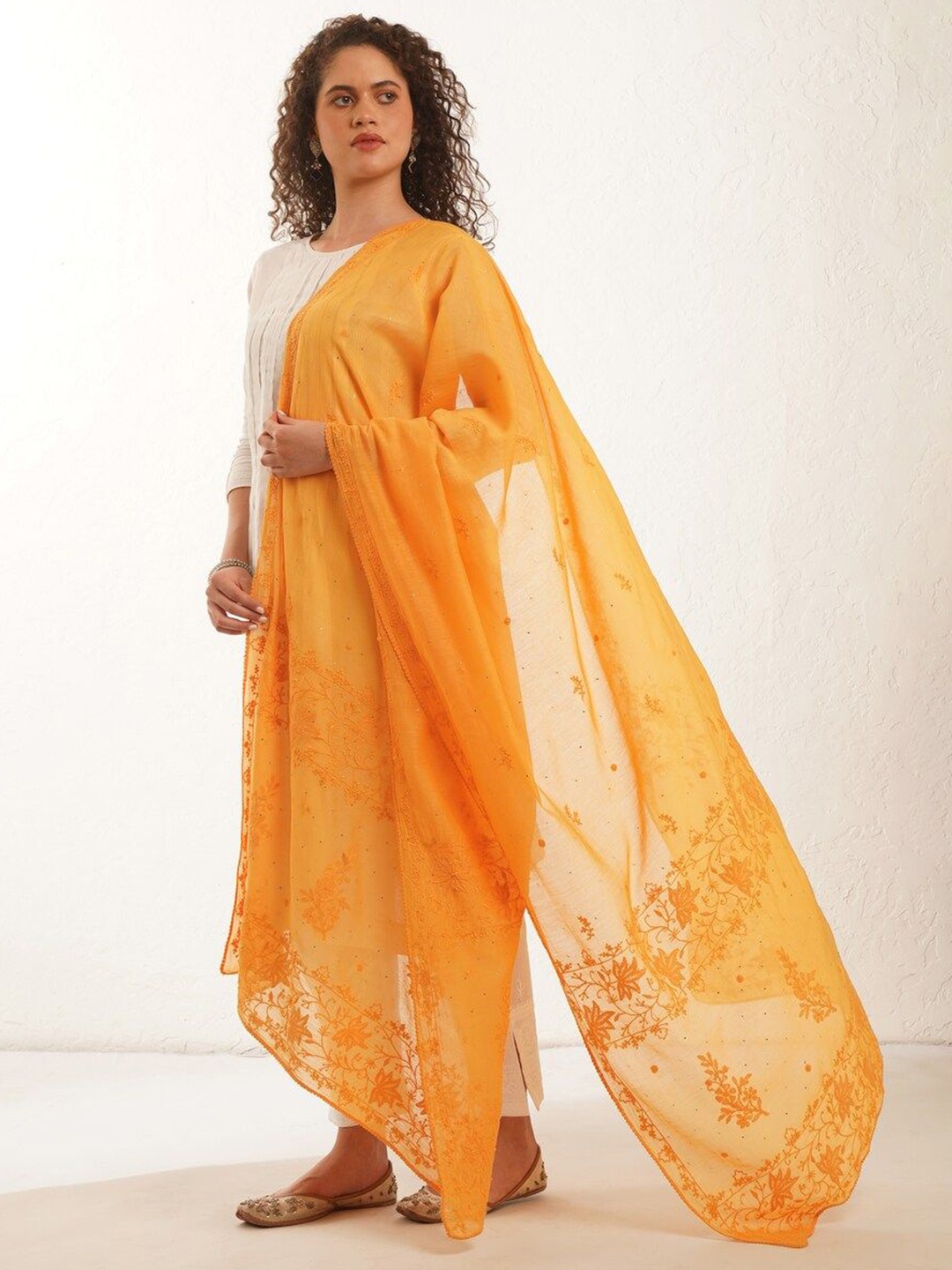 

JAYPORE Embroidered Cotton Silk Dupatta, Yellow