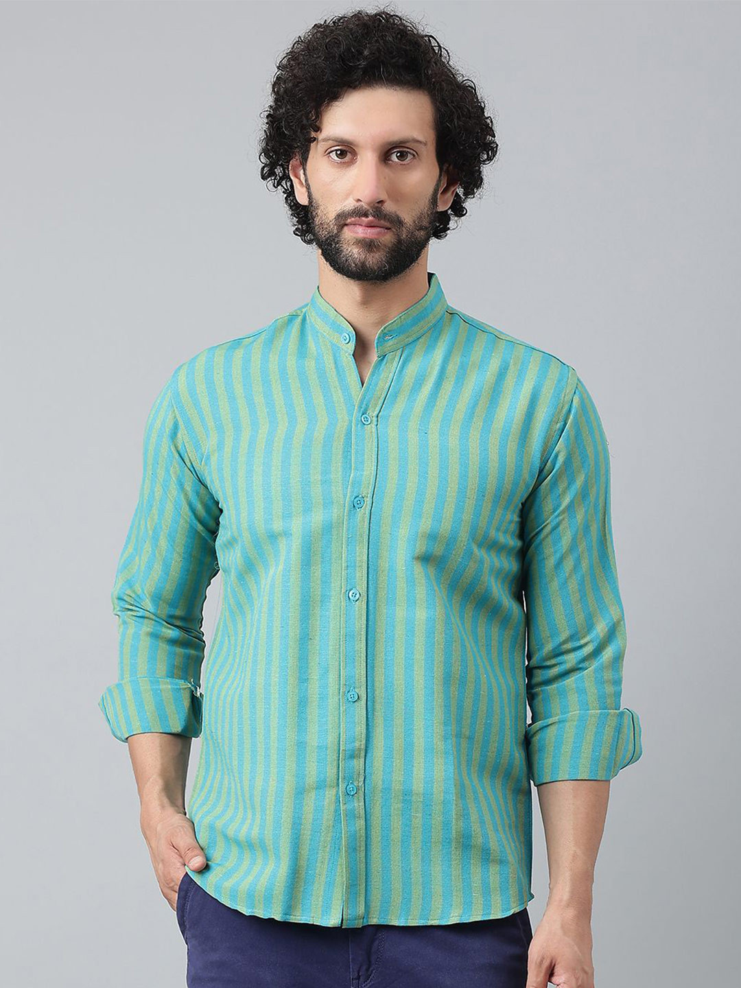 

KLOSET BY RIAG Men Classic Band Collar Vertical Striped Cotton Casual Shirt, Blue