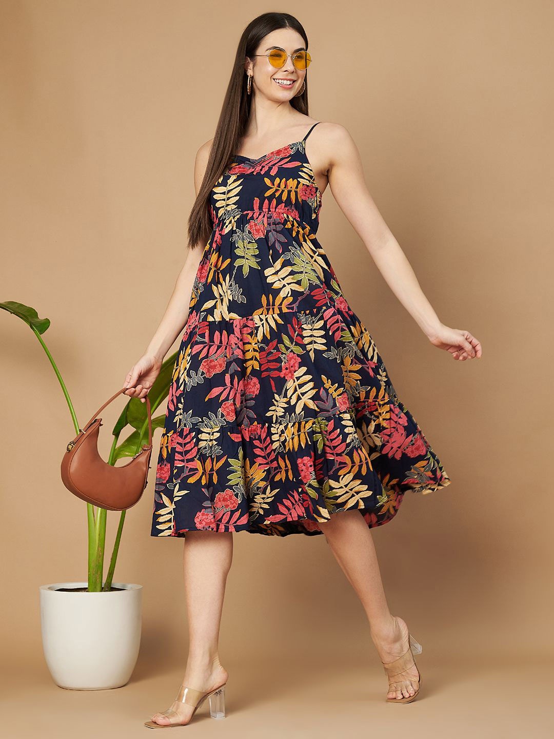 

COTLAND FASHION Floral Print A-Line Midi Dress, Navy blue
