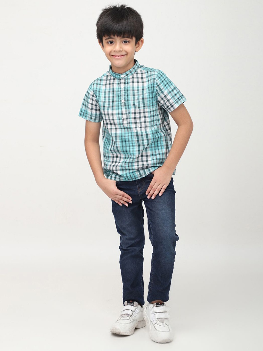 

Biglilpeople Boys Standard Band Collar Checked Cotton Casual Shirt, Green