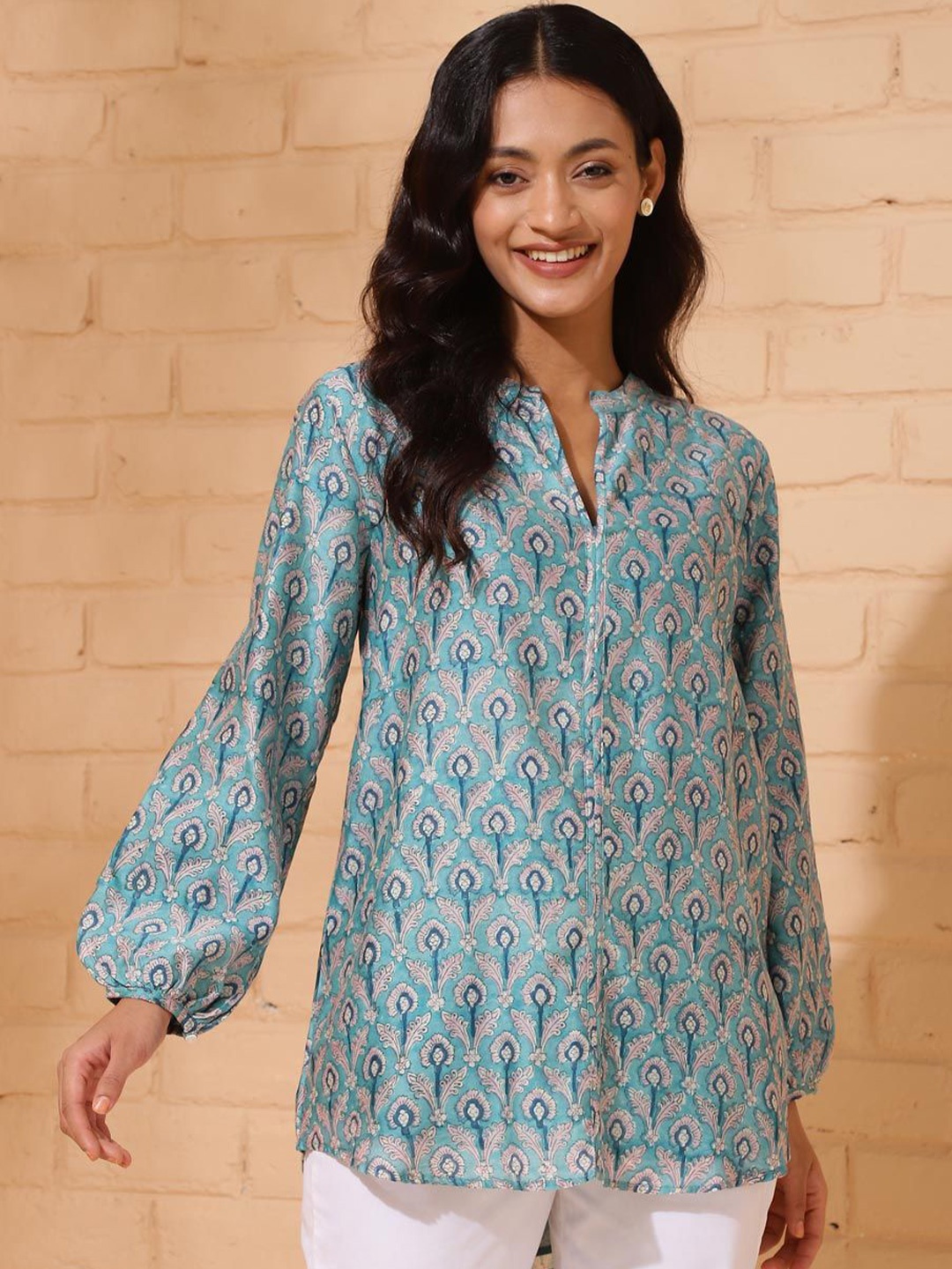 

Fabindia Women Mandarin Collar Ethnic Printed Tunic, Blue