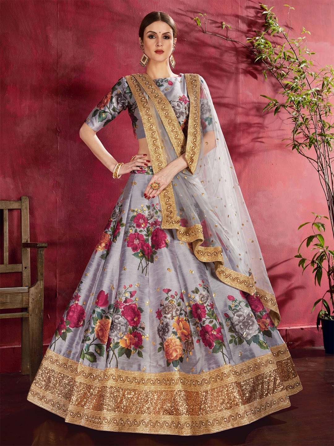 

ODETTE Floral Printed Sequinned Semi-Stitched Lehenga & Blouse With Dupatta, Grey