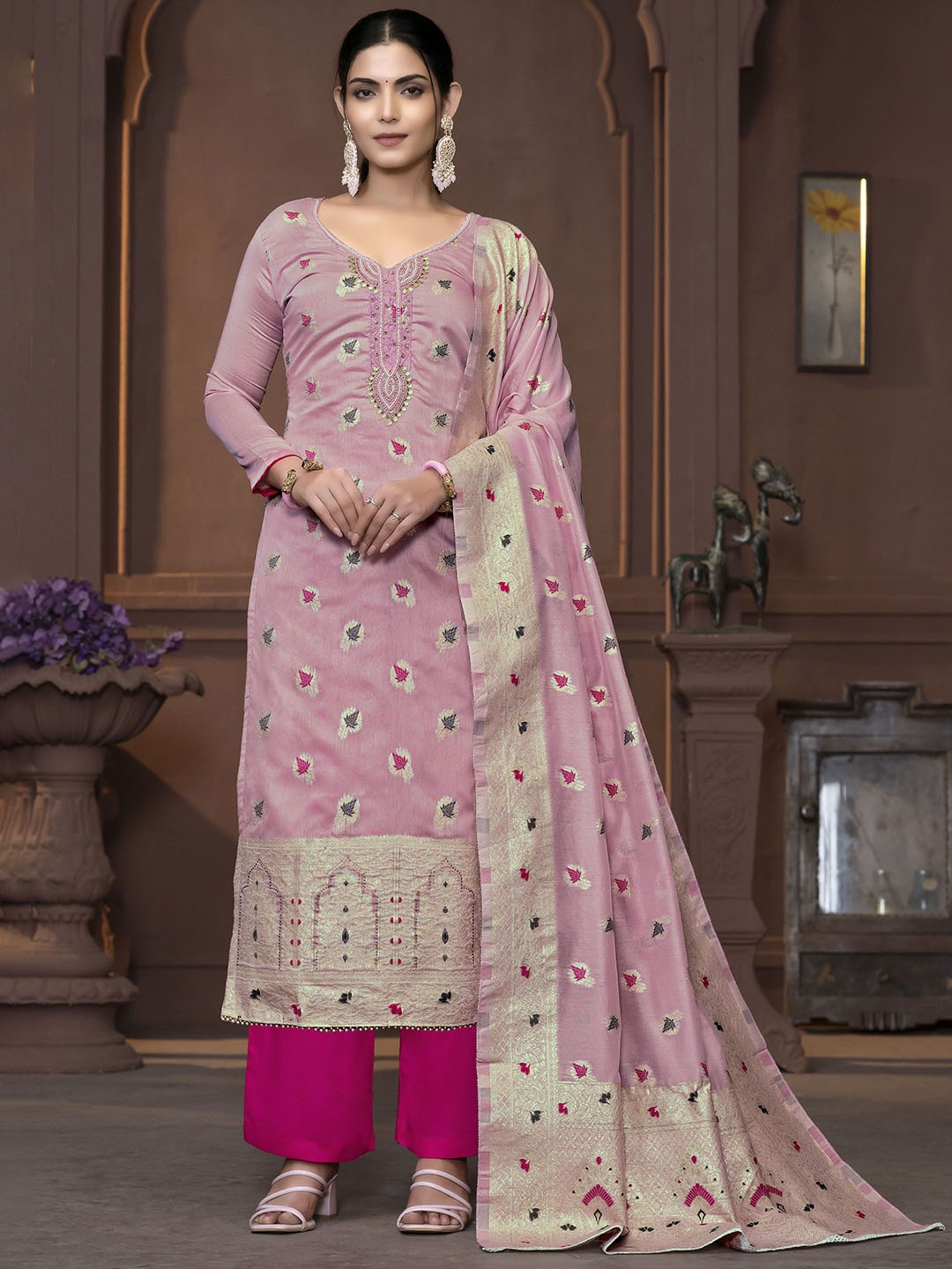 

MANVAA Floral Embellished Beads and Stones Unstitched Dress Material, Pink