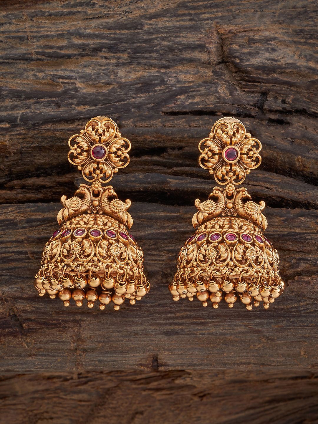 

Kushal's Fashion Jewellery Gold Plated Stone Studded Dome Shaped Antique Jhumkas