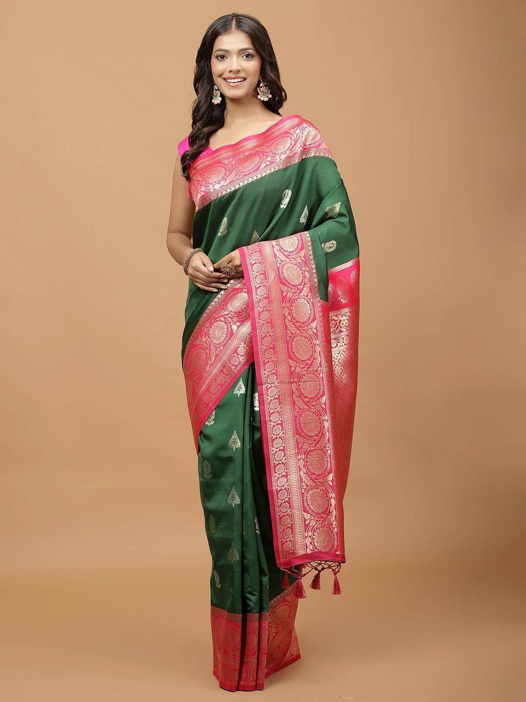 

Meena Bazaar Woven Design Saree With Zari Border, Green