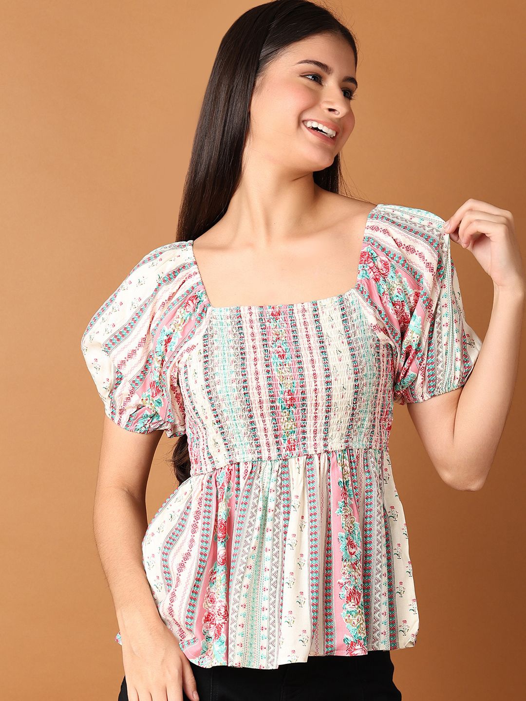 

UNLIMITED Women Floral Printed Square Neck Top, Off white