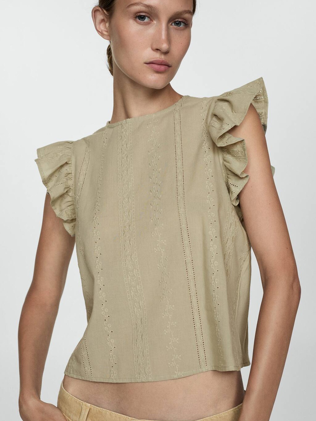 

MANGO Embroidered Cotton Top, Green