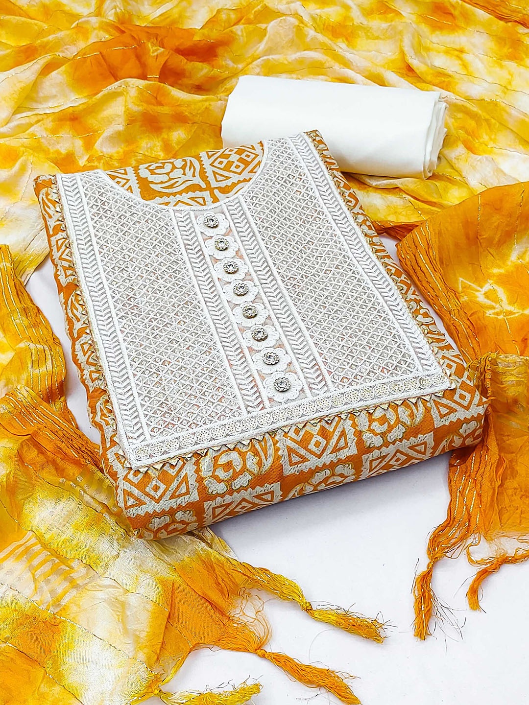 

KALINI Ethnic Motifs Embroidered Sequinned Pure Cotton Unstitched Dress Material, Orange