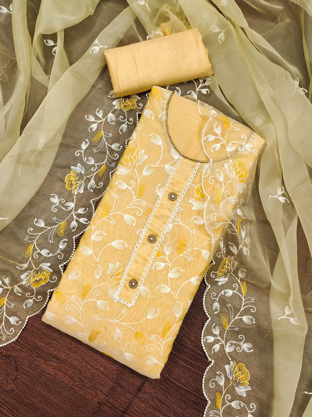 

MANVAA Floral Embroidered Unstitched Dress Material, Yellow