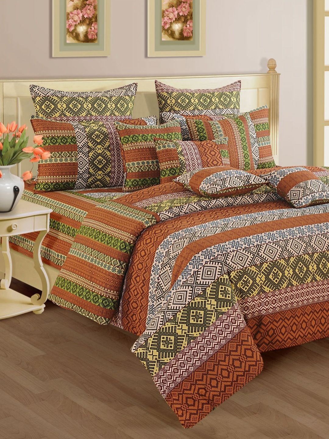 

SWAYAM Orange & White Ethnic Motifs 160 TC King Bedsheet with 2 Pillow Covers