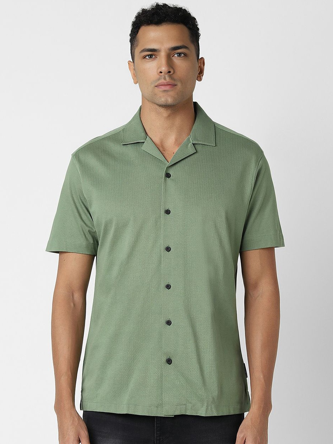 

V Dot Men Cuban Collar Textured Cotton Slim Fit Casual Shirt, Green